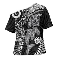 Aotearoa Maori Sea Animals Tribal Cross Shoulder Shirt Manta Ray and Shark Moko Pattern Black Color