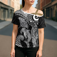 Aotearoa Maori Sea Animals Tribal Cross Shoulder Shirt Manta Ray and Shark Moko Pattern Black Color