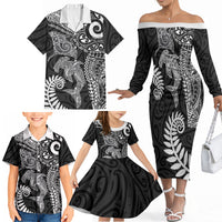 Aotearoa Maori Sea Animals Tribal Family Matching Off The Shoulder Long Sleeve Dress and Hawaiian Shirt Manta Ray and Shark Moko Pattern Black Color LT03 - Polynesian Pride