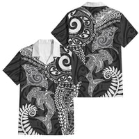 Aotearoa Maori Sea Animals Tribal Family Matching Off The Shoulder Long Sleeve Dress and Hawaiian Shirt Manta Ray and Shark Moko Pattern Black Color LT03 Dad's Shirt - Short Sleeve Black - Polynesian Pride