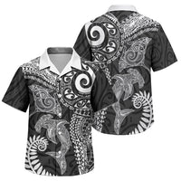 Aotearoa Maori Sea Animals Tribal Family Matching Off The Shoulder Long Sleeve Dress and Hawaiian Shirt Manta Ray and Shark Moko Pattern Black Color LT03 Son's Shirt Black - Polynesian Pride