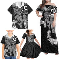 Aotearoa Maori Sea Animals Tribal Family Matching Off Shoulder Maxi Dress and Hawaiian Shirt Manta Ray and Shark Moko Pattern Black Color LT03 - Polynesian Pride