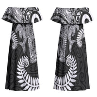 Aotearoa Maori Sea Animals Tribal Family Matching Off Shoulder Maxi Dress and Hawaiian Shirt Manta Ray and Shark Moko Pattern Black Color LT03 Mom's Dress Black - Polynesian Pride