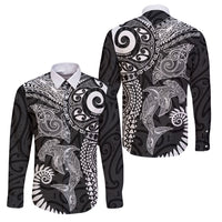 Aotearoa Maori Sea Animals Tribal Family Matching Off Shoulder Maxi Dress and Hawaiian Shirt Manta Ray and Shark Moko Pattern Black Color LT03 Dad's Shirt - Long Sleeve Black - Polynesian Pride