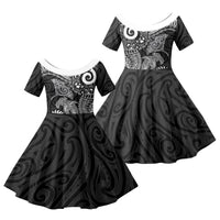Aotearoa Maori Sea Animals Tribal Family Matching Off Shoulder Maxi Dress and Hawaiian Shirt Manta Ray and Shark Moko Pattern Black Color LT03 Daughter's Dress Black - Polynesian Pride