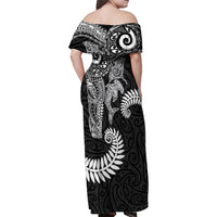 Aotearoa Maori Sea Animals Tribal Family Matching Off Shoulder Maxi Dress and Hawaiian Shirt Manta Ray and Shark Moko Pattern Black Color LT03 - Polynesian Pride