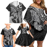Aotearoa Maori Sea Animals Tribal Family Matching Off Shoulder Short Dress and Hawaiian Shirt Manta Ray and Shark Moko Pattern Black Color LT03 - Polynesian Pride