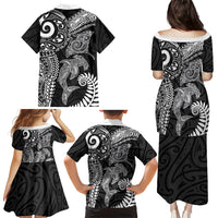 Aotearoa Maori Sea Animals Tribal Family Matching Puletasi and Hawaiian Shirt Manta Ray and Shark Moko Pattern Black Color LT03 - Polynesian Pride