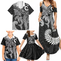 Aotearoa Maori Sea Animals Tribal Family Matching Summer Maxi Dress and Hawaiian Shirt Manta Ray and Shark Moko Pattern Black Color LT03 - Polynesian Pride