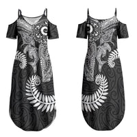 Aotearoa Maori Sea Animals Tribal Family Matching Summer Maxi Dress and Hawaiian Shirt Manta Ray and Shark Moko Pattern Black Color LT03 Mom's Dress Black - Polynesian Pride