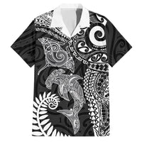Aotearoa Maori Sea Animals Tribal Family Matching Summer Maxi Dress and Hawaiian Shirt Manta Ray and Shark Moko Pattern Black Color LT03 Dad's Shirt - Short Sleeve Black - Polynesian Pride