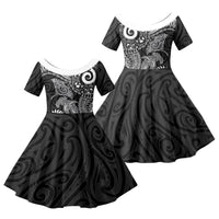Aotearoa Maori Sea Animals Tribal Family Matching Summer Maxi Dress and Hawaiian Shirt Manta Ray and Shark Moko Pattern Black Color LT03 Daughter's Dress Black - Polynesian Pride