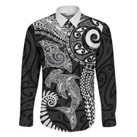 Aotearoa Maori Sea Animals Tribal Family Matching Tank Maxi Dress and Hawaiian Shirt Manta Ray and Shark Moko Pattern Black Color LT03 Daughter's Dress Black - Polynesian Pride