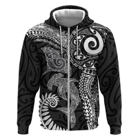 Aotearoa Maori Sea Animals Tribal Hoodie Manta Ray and Shark Moko Pattern Black Color