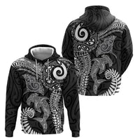 Aotearoa Maori Sea Animals Tribal Hoodie Manta Ray and Shark Moko Pattern Black Color