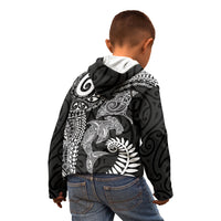 Aotearoa Maori Sea Animals Tribal Kid Hoodie Manta Ray and Shark Moko Pattern Black Color
