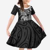 Aotearoa Maori Sea Animals Tribal Kid Short Sleeve Dress Manta Ray and Shark Moko Pattern Black Color LT03 KID Black - Polynesian Pride
