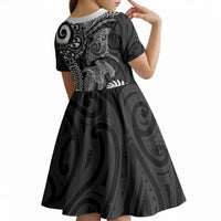 Aotearoa Maori Sea Animals Tribal Kid Short Sleeve Dress Manta Ray and Shark Moko Pattern Black Color LT03 - Polynesian Pride