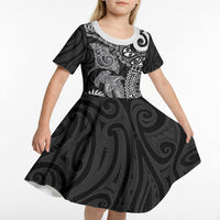 Aotearoa Maori Sea Animals Tribal Kid Short Sleeve Dress Manta Ray and Shark Moko Pattern Black Color LT03 - Polynesian Pride