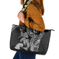 Aotearoa Maori Sea Animals Tribal Leather Tote Bag Manta Ray and Shark Moko Pattern Black Color