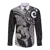 Aotearoa Maori Sea Animals Tribal Long Sleeve Button Shirt Manta Ray and Shark Moko Pattern Black Color