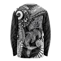 Aotearoa Maori Sea Animals Tribal Long Sleeve Shirt Manta Ray and Shark Moko Pattern Black Color