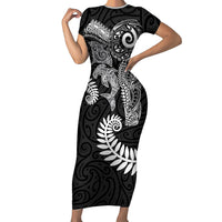 Aotearoa Maori Sea Animals Tribal Short Sleeve Bodycon Dress Manta Ray and Shark Moko Pattern Black Color LT03 Long Dress Black - Polynesian Pride