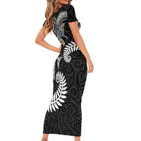 Aotearoa Maori Sea Animals Tribal Short Sleeve Bodycon Dress Manta Ray and Shark Moko Pattern Black Color LT03 - Polynesian Pride