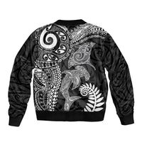 Aotearoa Maori Sea Animals Tribal Sleeve Zip Bomber Jacket Manta Ray and Shark Moko Pattern Black Color