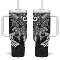 Aotearoa Maori Sea Animals Tribal Tumbler With Handle Manta Ray and Shark Moko Pattern Black Color