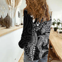 Aotearoa Maori Sea Animals Tribal Women Casual Shirt Manta Ray and Shark Moko Pattern Black Color LT03 - Polynesian Pride