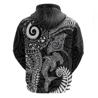 Aotearoa Maori Sea Animals Tribal Zip Hoodie Manta Ray and Shark Moko Pattern Black Color