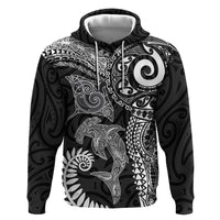 Aotearoa Maori Sea Animals Tribal Zip Hoodie Manta Ray and Shark Moko Pattern Black Color