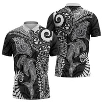 Aotearoa Maori Sea Animals Tribal Zipper Polo Shirt Manta Ray and Shark Moko Pattern Black Color LT03 - Polynesian Pride