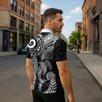 Aotearoa Maori Sea Animals Tribal Zipper Polo Shirt Manta Ray and Shark Moko Pattern Black Color LT03 - Polynesian Pride