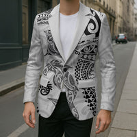 Aotearoa Maori Sea Animals Tribal Blazer Manta Ray and Shark Moko Pattern White Color