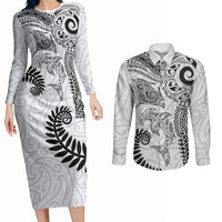 Aotearoa Maori Sea Animals Tribal Couples Matching Long Sleeve Bodycon Dress and Long Sleeve Button Shirt Manta Ray and Shark Moko Pattern White Color LT03 White - Polynesian Pride