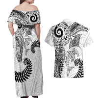 Aotearoa Maori Sea Animals Tribal Couples Matching Off Shoulder Maxi Dress and Hawaiian Shirt Manta Ray and Shark Moko Pattern White Color LT03 - Polynesian Pride