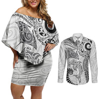 Aotearoa Maori Sea Animals Tribal Couples Matching Off Shoulder Short Dress and Long Sleeve Button Shirt Manta Ray and Shark Moko Pattern White Color LT03 White - Polynesian Pride