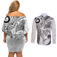 Aotearoa Maori Sea Animals Tribal Couples Matching Off Shoulder Short Dress and Long Sleeve Button Shirt Manta Ray and Shark Moko Pattern White Color LT03 - Polynesian Pride