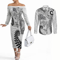 Aotearoa Maori Sea Animals Tribal Couples Matching Off The Shoulder Long Sleeve Dress and Long Sleeve Button Shirt Manta Ray and Shark Moko Pattern White Color LT03 White - Polynesian Pride