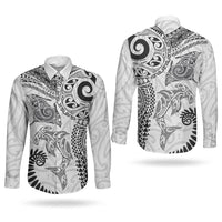 Aotearoa Maori Sea Animals Tribal Couples Matching Off The Shoulder Long Sleeve Dress and Long Sleeve Button Shirt Manta Ray and Shark Moko Pattern White Color LT03 - Polynesian Pride