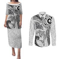 Aotearoa Maori Sea Animals Tribal Couples Matching Puletasi and Long Sleeve Button Shirt Manta Ray and Shark Moko Pattern White Color LT03 White - Polynesian Pride