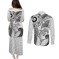 Aotearoa Maori Sea Animals Tribal Couples Matching Puletasi and Long Sleeve Button Shirt Manta Ray and Shark Moko Pattern White Color LT03 - Polynesian Pride