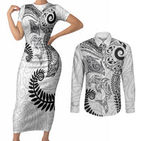Aotearoa Maori Sea Animals Tribal Couples Matching Short Sleeve Bodycon Dress and Long Sleeve Button Shirt Manta Ray and Shark Moko Pattern White Color LT03 White - Polynesian Pride
