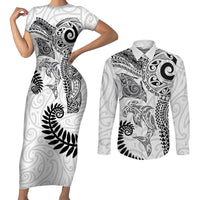 Aotearoa Maori Sea Animals Tribal Couples Matching Short Sleeve Bodycon Dress and Long Sleeve Button Shirt Manta Ray and Shark Moko Pattern White Color LT03 White - Polynesian Pride