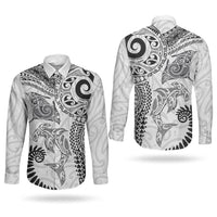 Aotearoa Maori Sea Animals Tribal Couples Matching Short Sleeve Bodycon Dress and Long Sleeve Button Shirt Manta Ray and Shark Moko Pattern White Color LT03 - Polynesian Pride