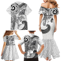 Aotearoa Maori Sea Animals Tribal Family Matching Mermaid Dress and Hawaiian Shirt Manta Ray and Shark Moko Pattern White Color LT03 Mom's Dress White - Polynesian Pride