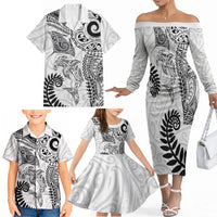 Aotearoa Maori Sea Animals Tribal Family Matching Off The Shoulder Long Sleeve Dress and Hawaiian Shirt Manta Ray and Shark Moko Pattern White Color LT03 - Polynesian Pride