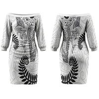 Aotearoa Maori Sea Animals Tribal Family Matching Off The Shoulder Long Sleeve Dress and Hawaiian Shirt Manta Ray and Shark Moko Pattern White Color LT03 Mom's Dress White - Polynesian Pride